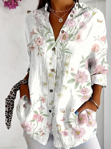 Women Floral Long Sleeve Shirt Spring/Fall Buckle Shirt Collar Daily Casual Top, JustFashionNow Shirts, color:White|size:4XL,