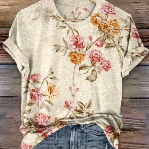 Women's Floral Short Sleeve Tee T-shirt Crew Neck Casual Summer Top, JustFashionNow T-Shirts, color:Apricot|size:4XL