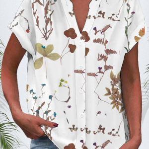 V Neck Short Sleeve Floral Buckle Regular Micro-Elasticity Regular Fit Button Up Shirt Shirt For Women, Shirts, color:Yellow|size:4XL, catalog Noracora shop