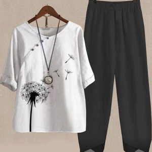 Women Floral Printing Two-Piece Set Daily Half Sleeve Casual Summer Top With Pants Matching Set, JustFashionNow Suit Set, color:Black-white|size:4XL,