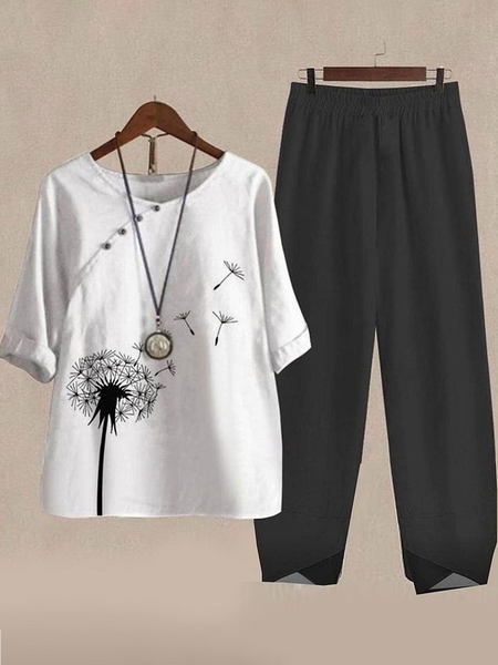 Women Floral Printing Two-Piece Set Daily Half Sleeve Casual Summer Top With Pants Matching Set, JustFashionNow Suit Set, color:Black-white|size:4XL,