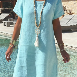 Women Plain Crew Neck Short Sleeve Comfy Casual Midi Dress, Midi, color:Aqua blue|size:4XL, catalog Noracora shop