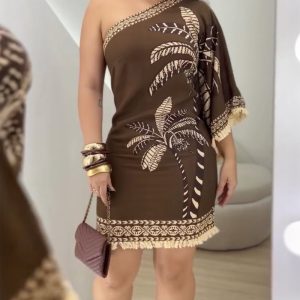 Tropical Print One Shoulder Side Zipper Fringe A Line Dress, women Print Dresses, ChicMe catalog