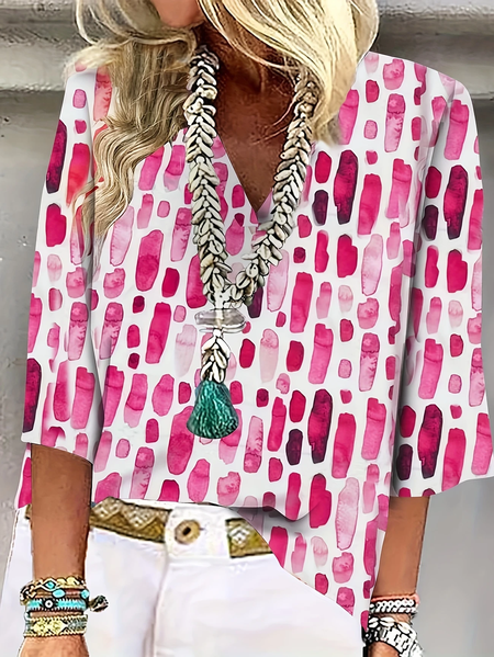 Women Geometric Half Sleeve Blouse Summer Shawl Collar Daily Casual Top, JustFashionNow Shirts, color:As Picture|size:3XL,
