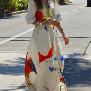Casual Floral Loosen Shirt Collar Maxi Dress With Belt, Maxi Dresses, color:As Picture|size:XXL, Stylewe