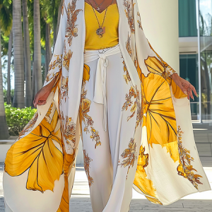 Vacation Split Sleeve Printing Floral Kimono, Kimonos, color:Yellow|size:XXL, Stylewe