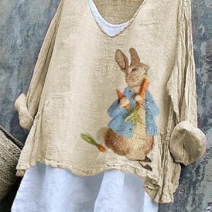 Vintage Easter (rabbit) V Neck Long Sleeve T-shirt, T-shirts, color:Apricot|size:4XL, catalog Noracora shop