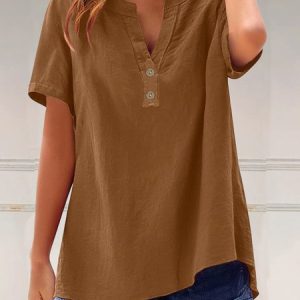 Women Plain Long Sleeve Shirt Spring/Fall V Neck Daily Casual Top, JustFashionNow Blouses, color:Brown|size:3XL,