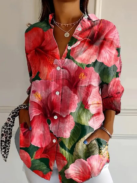 Women's Long Sleeve Shirt Spring/Fall As Picture Floral Buckle Shirt Collar Daily Going Out Casual Top, Blouses, Lilicloth.com - Image 3