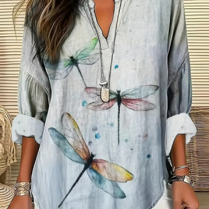 Shawl Collar Half Sleeve Dragonfly Regular Loose Blouse For Women, Blouses, color:As Picture|size:4XL, catalog Noracora shop