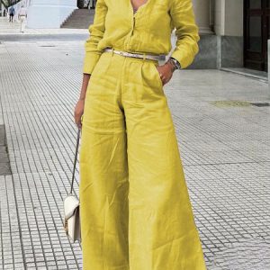 Cotton And Linen Urban Plain Shirt, Blouses and Shirts, color:Yellow|size:XS, Stylewe