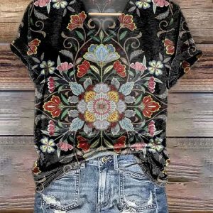 Vintage Ethnic Floral Print V Neck Short Sleeve Cotton T-shirt, T-shirts, color:Black|size:4XL, catalog Noracora shop