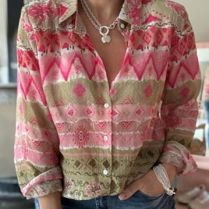 Shirt Collar Long Sleeve Geometric Regular Micro-Elasticity Regular Fit Shirt For Women, Shirts, color:Red|size:4XL, catalog Noracora shop