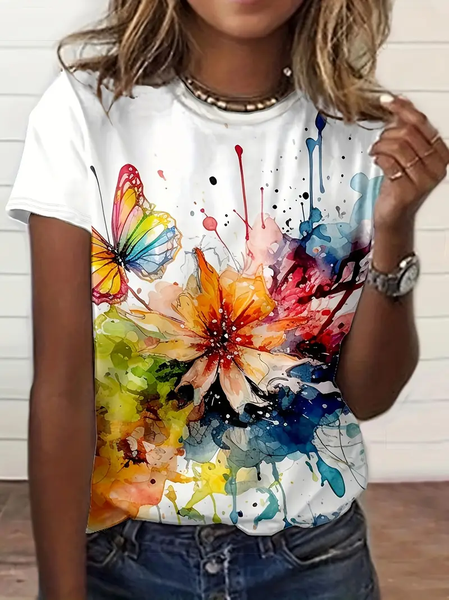 Women Floral Short Sleeve Tee T-shirt Crew Neck Printing Casual Summer Graphic Tee Top, JustFashionNow T-Shirts, color:White|size:XXL - Image 5