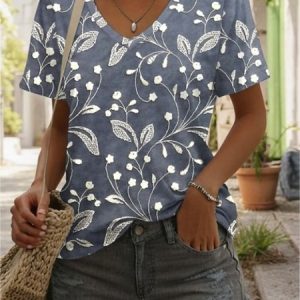 Casual Floral Print Crew Neck Short Sleeve T-shirt, T-shirts, color:Purplish Blue|size:4XL, catalog Noracora shop