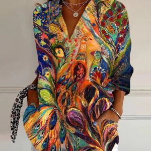 Vintage Animal Art Print Long Sleeve Comfy Loose Shirt For Women, Shirts, color:As Picture|size:4XL, catalog Noracora shop