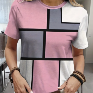 Women Geometric Short Sleeve Tee T-shirt Crew Neck Printing Casual Summer Graphic Tee Top, JustFashionNow T-Shirts, color:Pink|size:XXL,