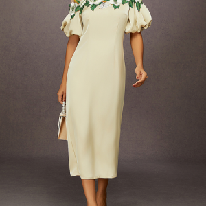 Elegant Grace Bloom Balloon Sleeve Satin Midi Dress, Maxi Dresses, color:As Picture|size:XXL, Stylewe