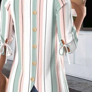 Crew Neck Balloon Sleeve Half Sleeve Striped Regular Micro-Elasticity Regular Fit Blouse For Women, Blouses, color:White|size:3XL, catalog Noracora shop