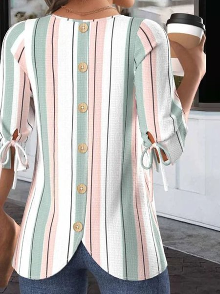 Women Striped Half Sleeve Blouse Summer Crew Neck Balloon Sleeve Daily Casual Top, JustFashionNow Shirts, color:White|size:3XL,