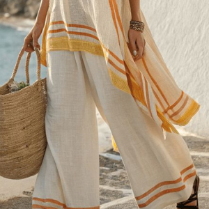 Vacation Striped Printing Fashion Pants, Pants, color:Yellow|size:XXL, Stylewe