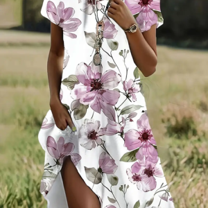 Women Floral Short Sleeve Summer Printing Dress Crew Neck Daily Casual Mini Tunic H-Line Dress, JustFashionNow Casual Dresses, color:Pink|size:M,
