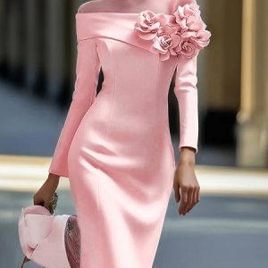 Elegant 3D Floral Crew Neck Formal Dress, Midi Dresses, color:Pink|size:XS, Stylewe