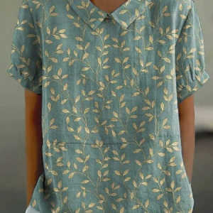 Shawl Collar Short Sleeve Floral Printing Lightweight Loose Shirt For Women, Blouses, color:Green|size:5XL, catalog Noracora shop