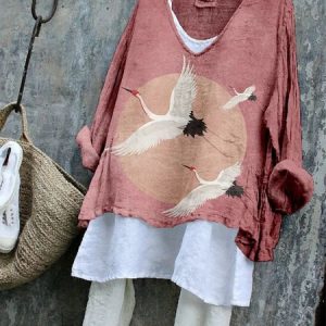 Vintage Animal Art Print V Neck Long Sleeve Comfy T-shirt, T-shirts, color:Red|size:4XL, catalog Noracora shop