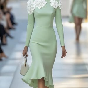 Elegant Floral Embroidery Off The Shoulder Midi Party Dress, Midi Dresses, color:Green|size:XXL, Stylewe
