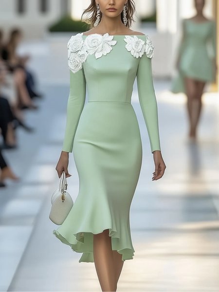 Elegant Floral Embroidery Off The Shoulder Midi Party Dress, Midi Dresses, color:Green|size:XXL, Stylewe