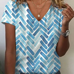 Casual Geometric V Neck Short Sleeve T-shirt, Shirts, color:Blue|size:XXL, catalog Noracora shop
