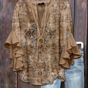 V Neck Half Sleeve Floral Printing Regular Loose Shirt For Women, Blouses, color:Brown|size:5XL, catalog Noracora shop