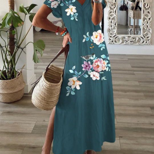 Women Floral Short Sleeve Summer Printing Dress V Neck Daily Casual Maxi T-Shirt Dress X-Line Dress, JustFashionNow Casual Dresses, color:Cyan|size:3XL,