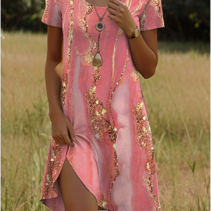 Women Abstract Short Sleeve Summer Printing Dress Crew Neck Daily Casual Mini Tunic H-Line Dress, JustFashionNow Casual Dresses, color:Pink|size:XXL,