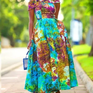 Elegant Random Print Printing Off The Shoulder Midi Dress, Midi Dresses, color:As Picture|size:XXL, Stylewe