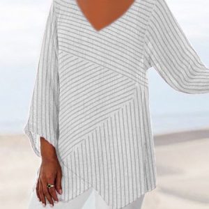 V Neck Short Sleeve Striped Regular Loose Shirt For Women, T-shirts, color:White|size:3XL, catalog Noracora shop