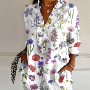 Women Floral Long Sleeve Shirt Spring/Fall Buckle Shirt Collar Daily Casual Top, JustFashionNow Shirts, color:White|size:4XL