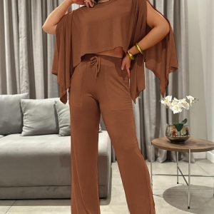 3 Pieces Outfit Asymmetrical Round Neck Pullover Top and Casual Drastring Wide Leg Pants Set with Bandeau, women Two-piece Sets, ChicMe catalog