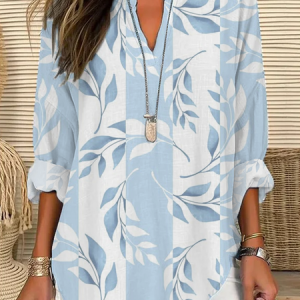 Women Floral Long Sleeve Blouse Spring/Fall Printing V Neck Daily Casual Top, JustFashionNow Shirts, color:Blue|size:5XL,