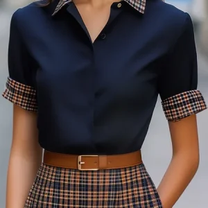 Urban Plaid Split Joint Shirt Collar Shirt, Blouses and Shirts, color:Dark Blue|size:XXL, Stylewe