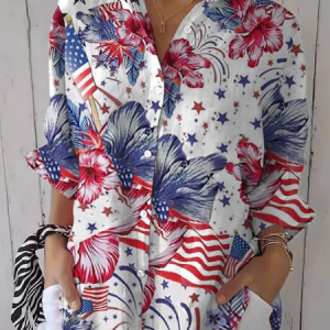 Women Floral Three Quarter Sleeve Shirt Spring/Fall Printing Shirt Collar Daily Casual Top, JustFashionNow Shirts, color:White|size:5XL,