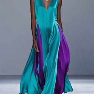 Elegant Color Block Loosen V Neck Maxi Dress, Maxi Dresses, color:As Picture|size:XXL, Stylewe