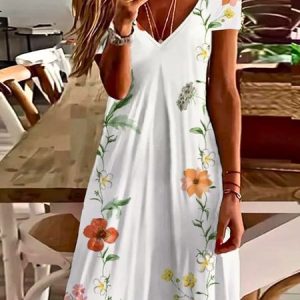 Vacation Sundress Floral V Neck Short Sleeve Comfy Casual Midi Dress, Dresses, color:White|size:4XL, catalog Noracora shop
