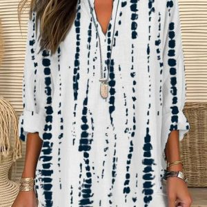 Women Striped Long Sleeve Blouse Spring/Fall Printing V Neck Daily Casual Top, JustFashionNow Shirts, color:White|size:5XL,