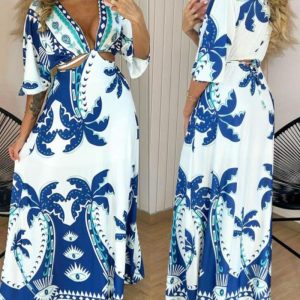 Tropical Print Plunge V Neck Waist Cutout Boho Maxi Dress Three Quarters Tied Detail Elastic Waist Back Vacation Dress, women Print Dresses, ChicMe catalog