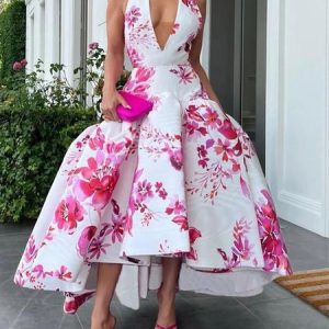 Elegant Floral V Neck Maxi Party Dress, Maxi Dresses, color:As Picture|size:XXL, Stylewe