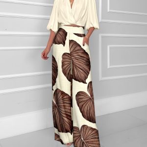 2 Pieces Outfit V Neck Crop Top and Casual Plants Print Ruched Shirred Pants Set, women Two-piece Sets, ChicMe catalog