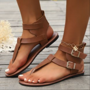 Vintage Color Block Breathable Adjustable Buckle Flat Heel Thong Sandals Metal, Sandals, color:Deep Brown|size:43, catalog Noracora shop