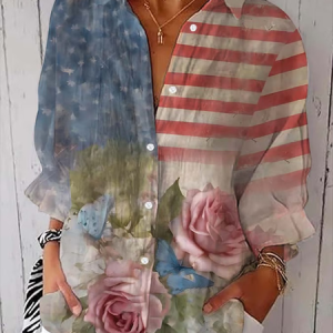 Women Floral Three Quarter Sleeve Shirt Spring/Fall Printing Shirt Collar Daily Casual Top, JustFashionNow Shirts, color:As Picture|size:5XL,